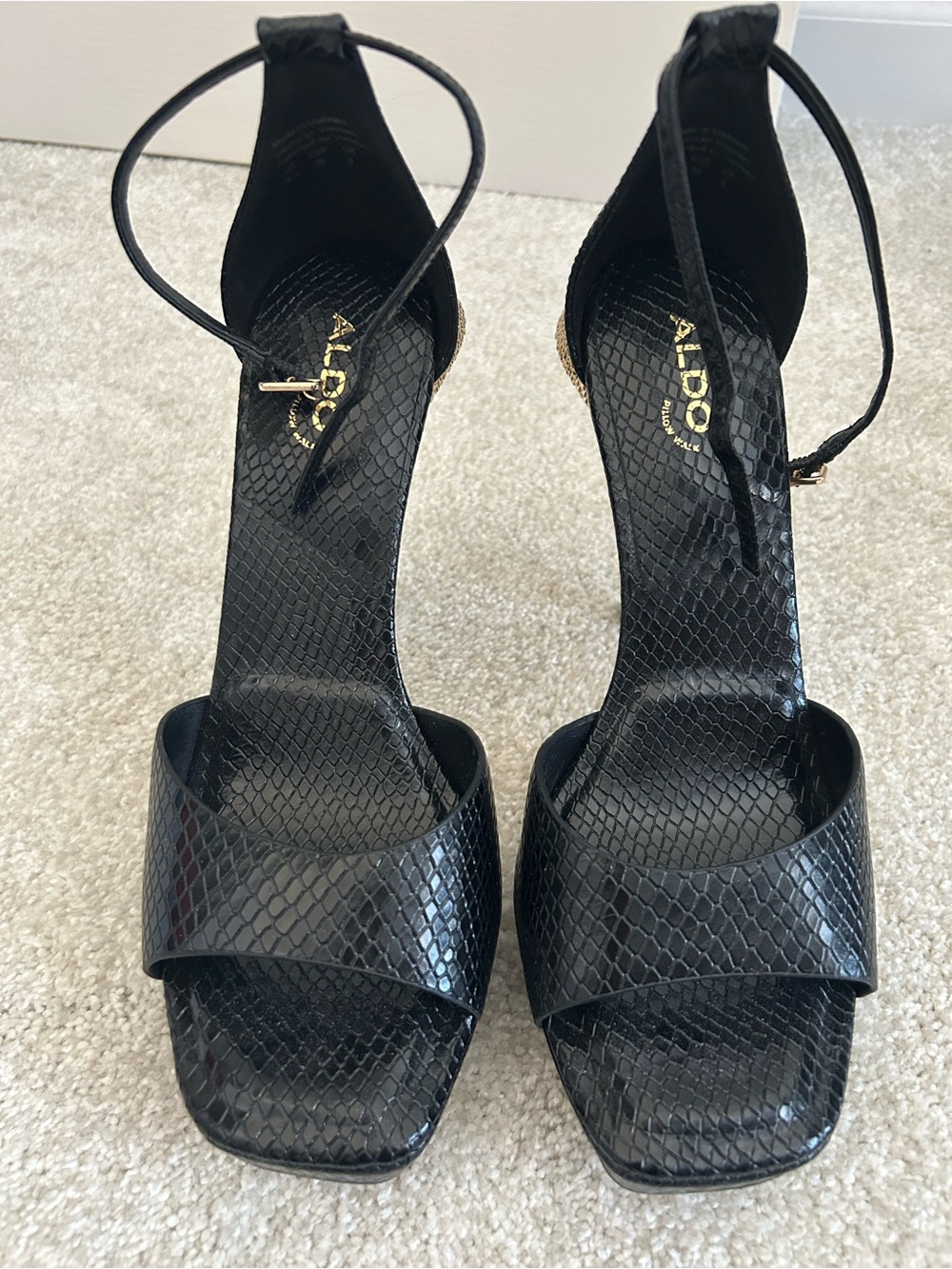 Black Snake-Embellished High Heel Sandals - Picture 2 of 5